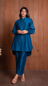 Solid Chanderi Co-ord Set - Peacock Blue