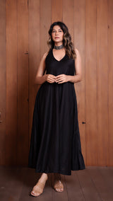 Black Halter Neck Flared Dress In Chanderi Silk