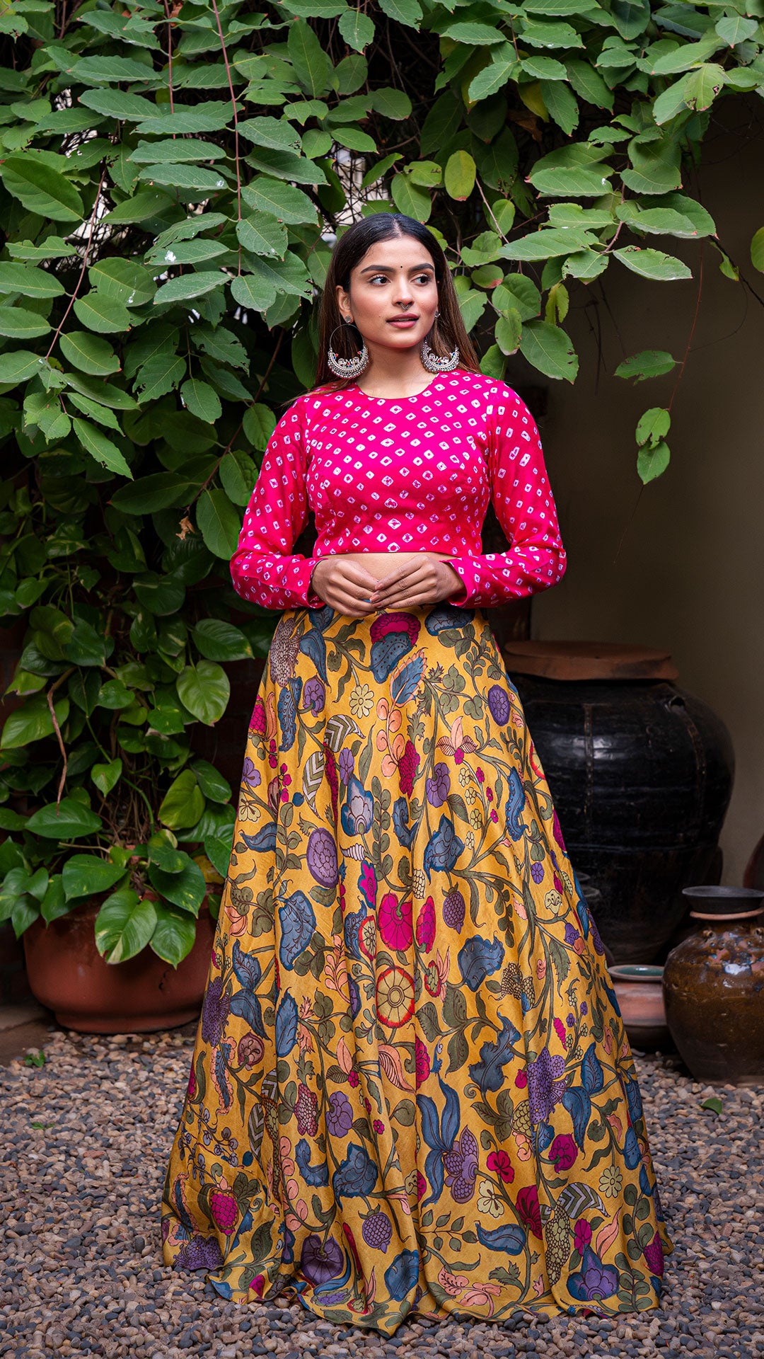 Kalamkari Silk Lehenga Mustard Yellow with Bandhani Blouse