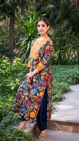Ananya Kalamkari Silk Straight Kurta + Pants - Dark Blue