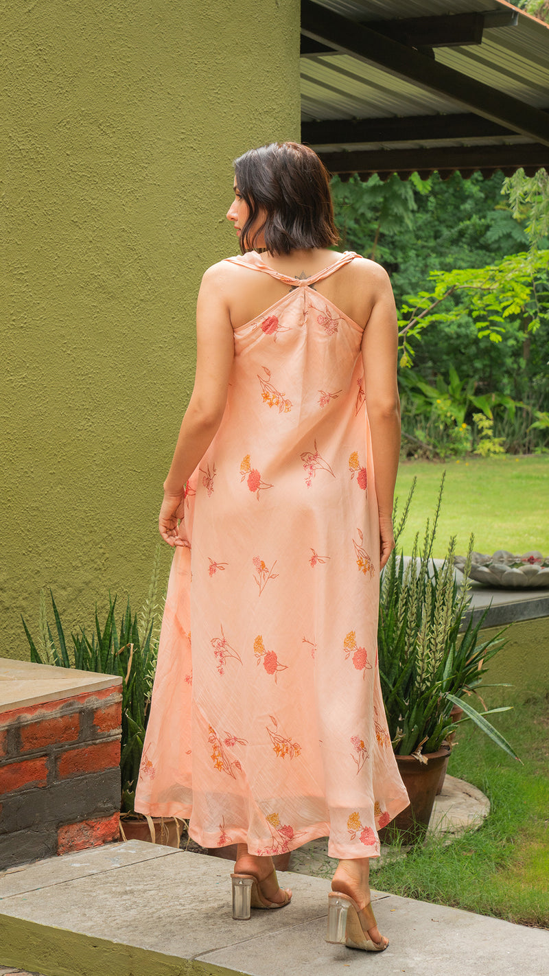 Lillies Halter Neck Flared Dress In Chanderi Silk - Peach