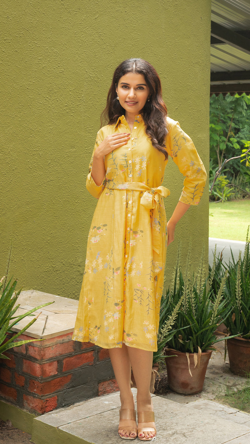 Aashvi Floral Jaal Shirt Dress In Chanderi Silk - Yellow