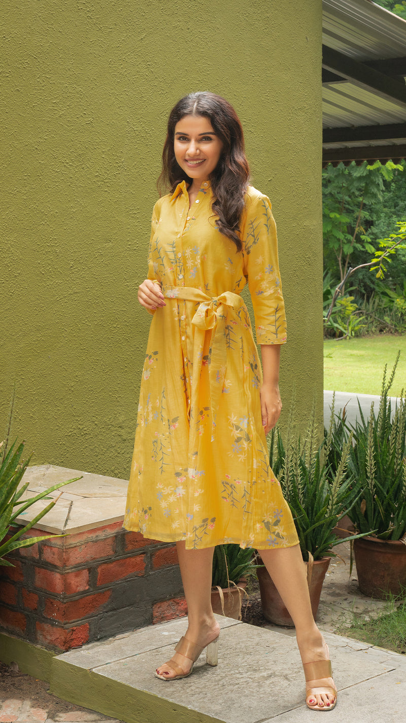 Aashvi Floral Jaal Shirt Dress In Chanderi Silk - Yellow