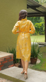 Aashvi Floral Jaal Shirt Dress In Chanderi Silk - Yellow