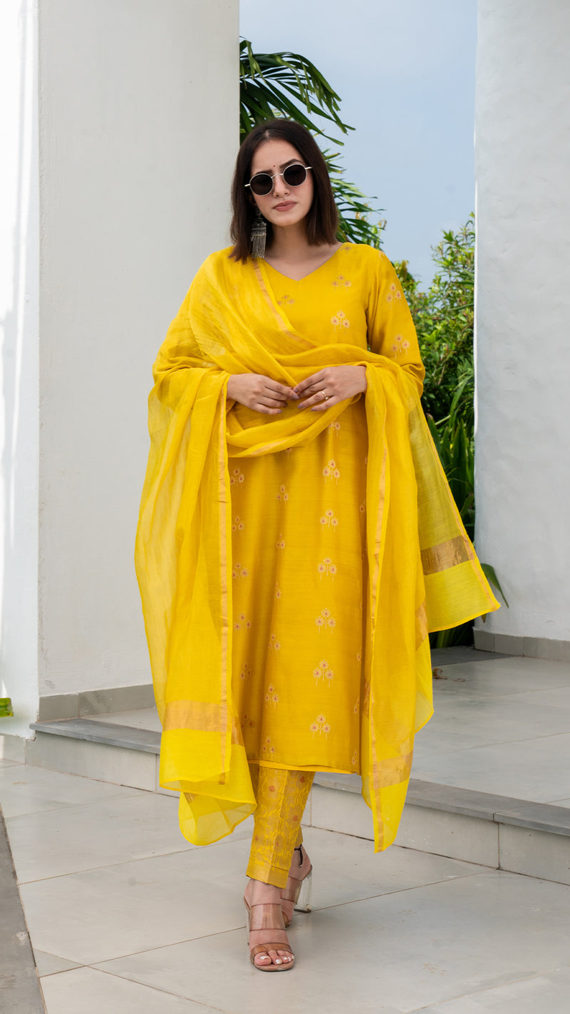 Aarvee Woven Chanderi Kurta Set - Yellow