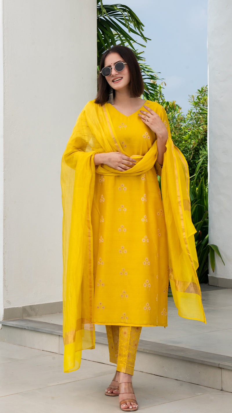 Aarvee Woven Chanderi Kurta Set - Yellow