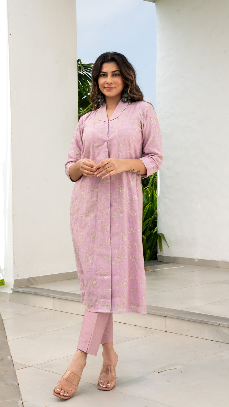 Hrida - Lavender Embroidered Chanderi Kurta Set