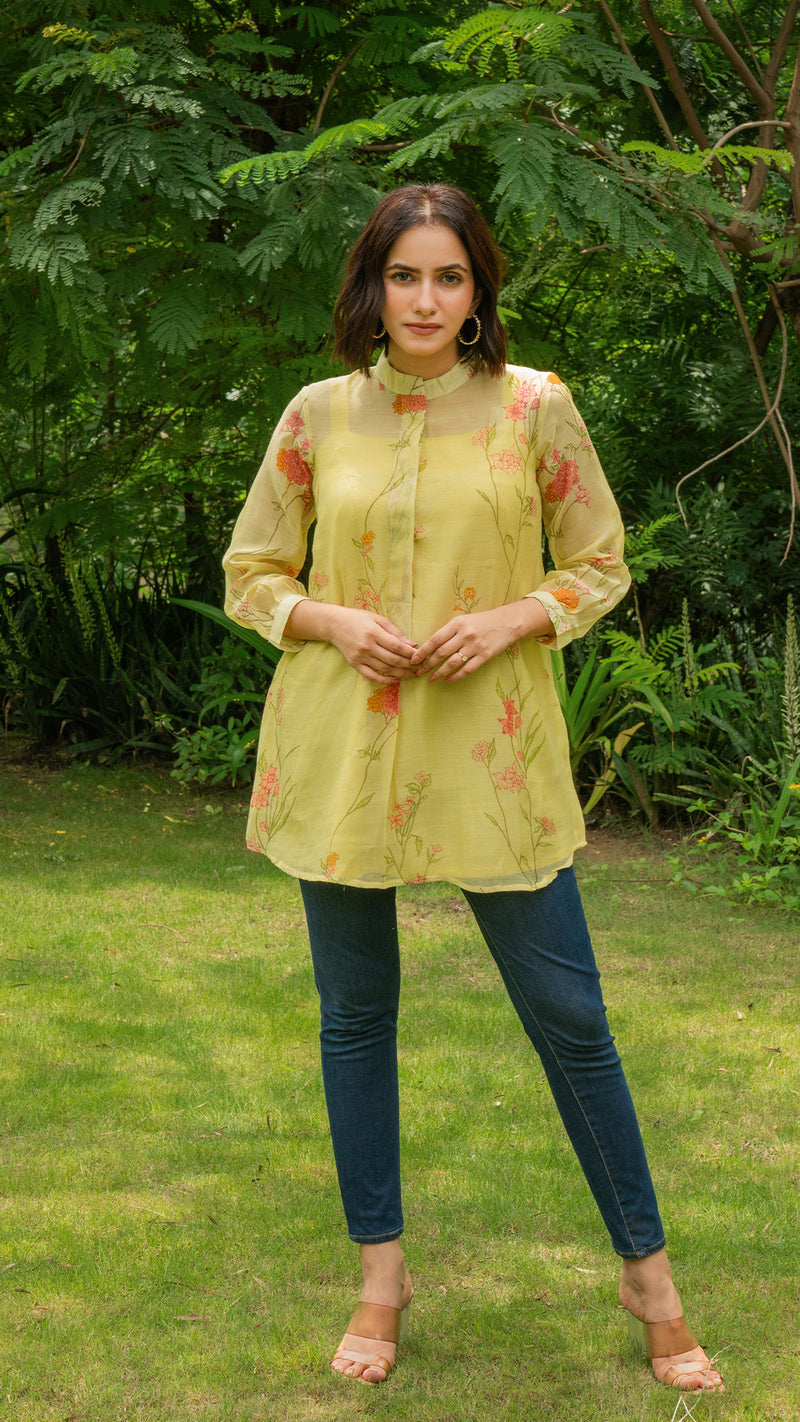 Amvi Short Top In Mul Chanderi Silk - Light Green