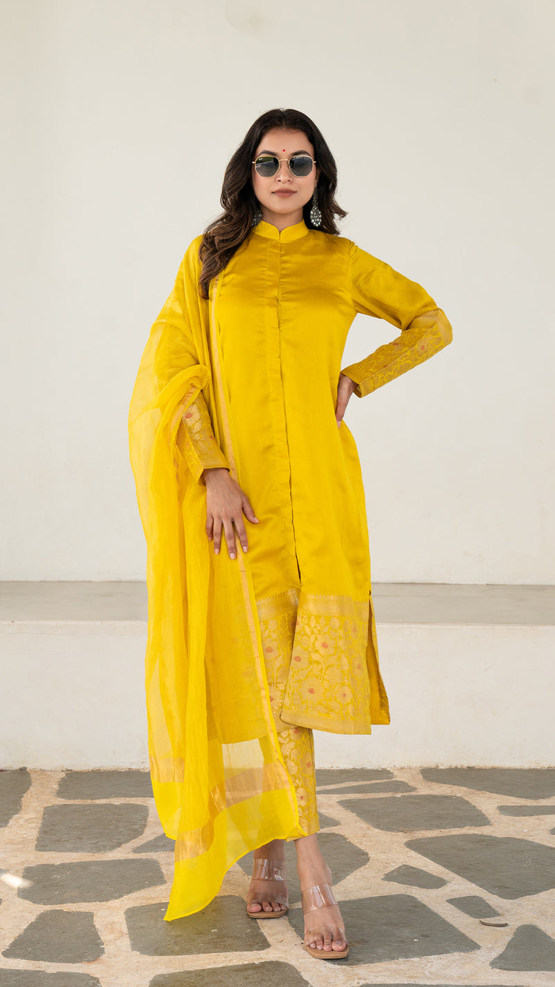 Liza - Yellow Pure Woven Chanderi Jodhpuri Kurta Set