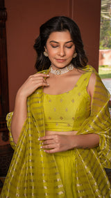 Aza - Lime Green Woven Chanderi/Tissue Silk Lehenga Set