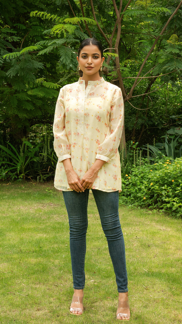 Aasma Short Top In Mul Chanderi Silk - Beige