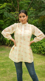 Aasma Short Top In Mul Chanderi Silk - Beige