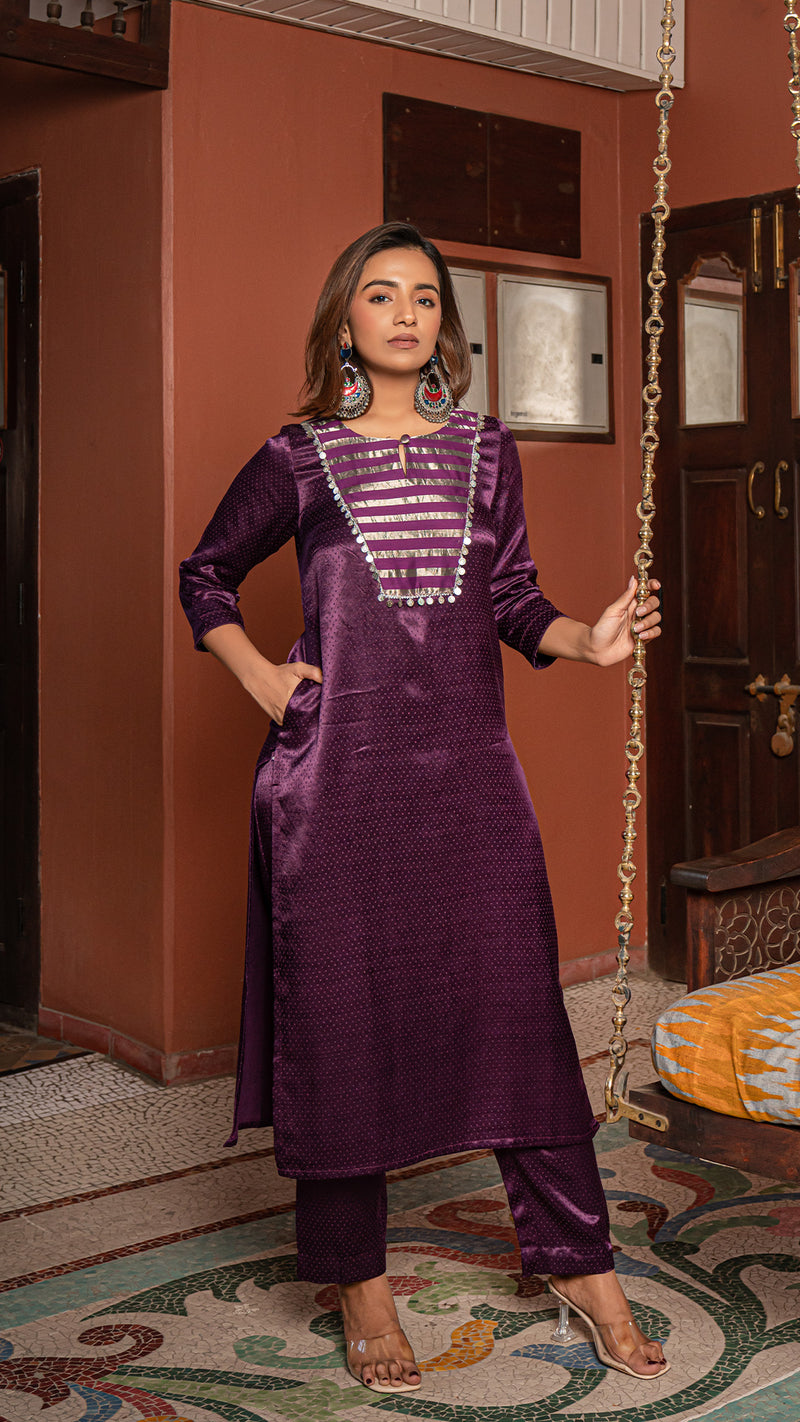 Fizza - Purple Pure Gajji Silk Kurta Set