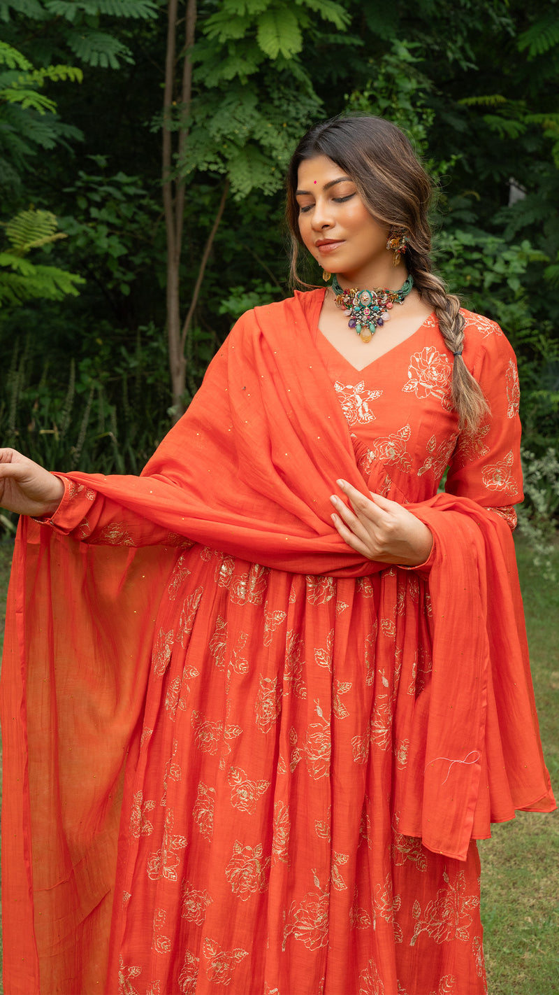 Jayati Golden Embroidered Chanderi Kurta Set - Orange