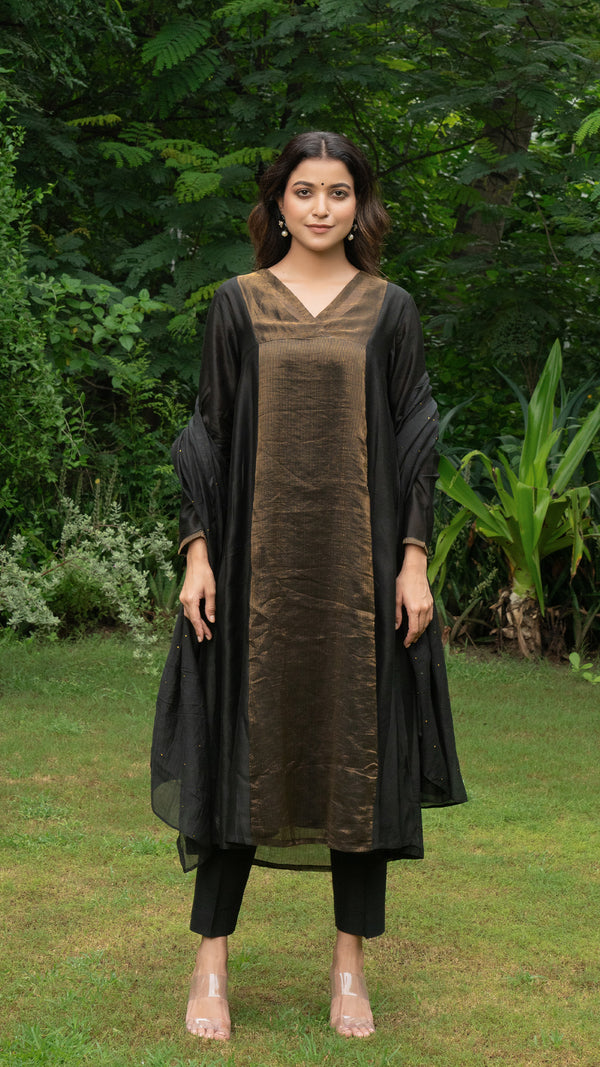 Wamiqa - Black Golden Tissue Chanderi Anarkali Kurta Set