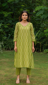 Green Geometric Print Mul Chanderi Kurta