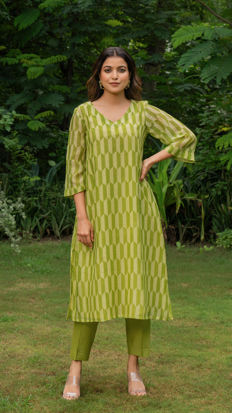 Green Geometric Print Mul Chanderi Kurta