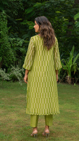 Green Geometric Print Mul Chanderi Kurta