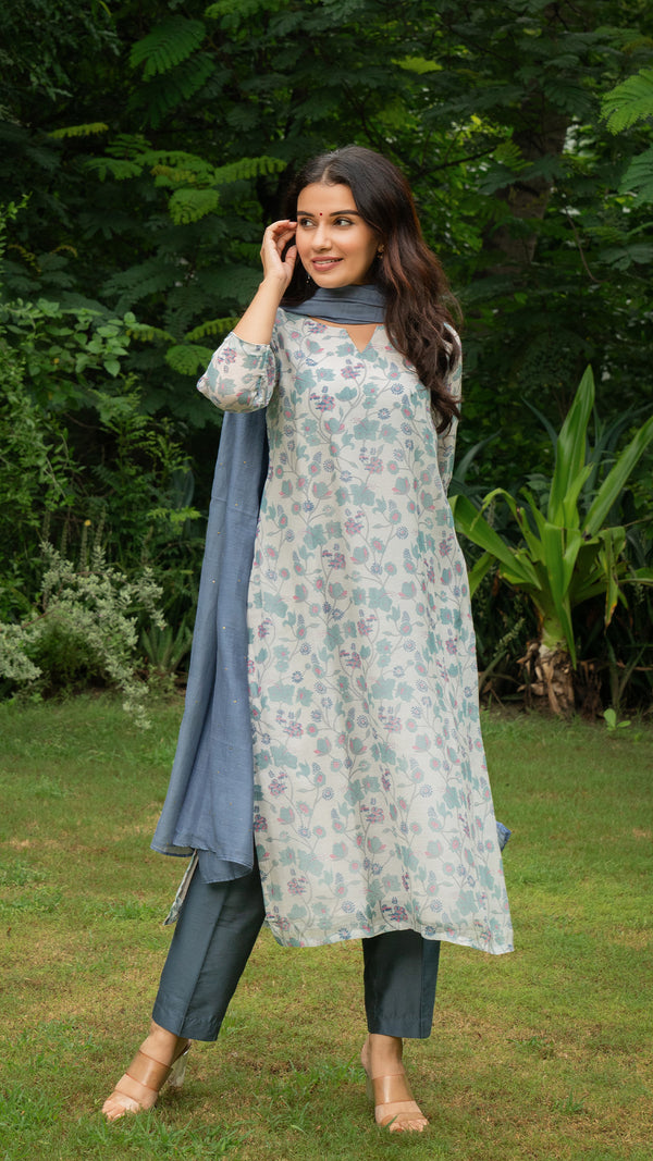 Aarya Mul Chanderi Floral Jaal Kurta - Blue