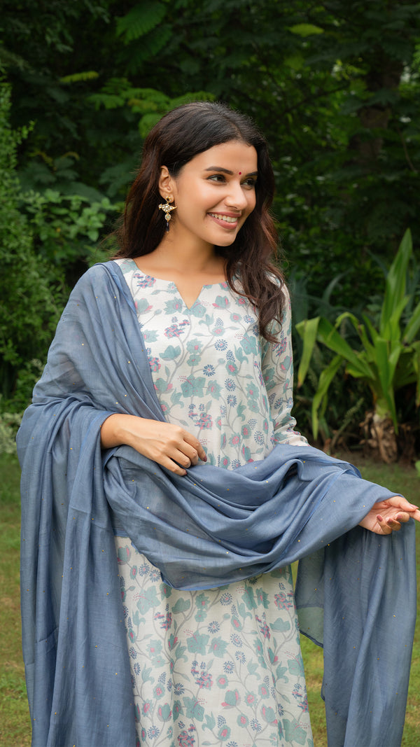 Aarya Mul Chanderi Floral Jaal Kurta - Blue