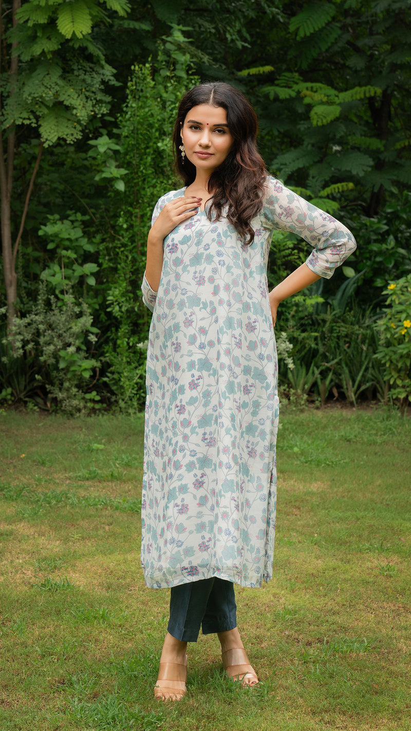 Aarya Mul Chanderi Floral Jaal Kurta - Blue