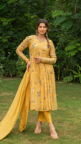 Aabha Floral Jaal  Chanderi Kurta Set - Yellow