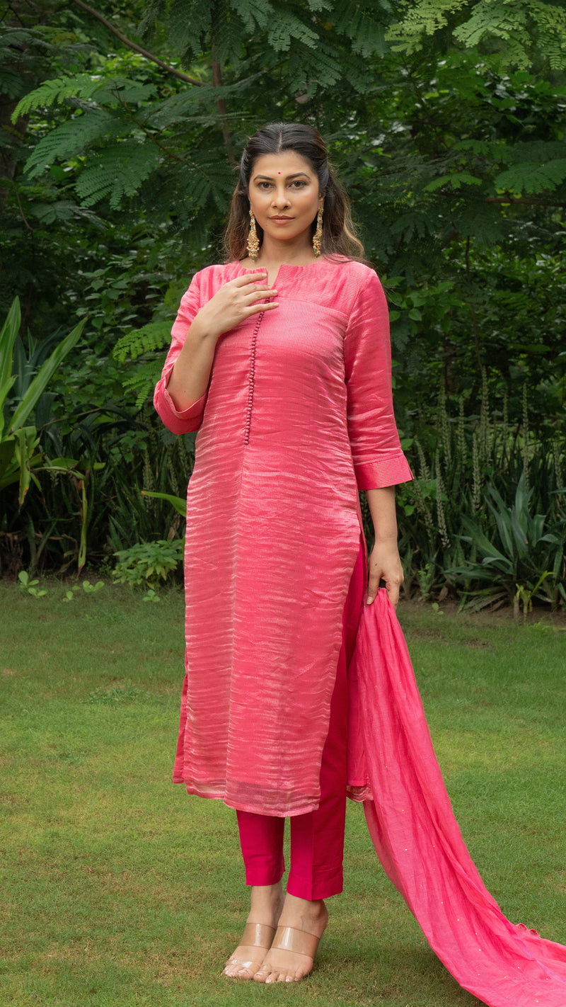 Muskaan Pure Tissue Kurta Set - Rani Pink