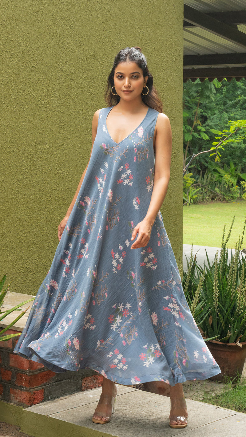 Nargis Halter Neck Flared Dress In Chanderi Silk - Blue EeshvaIndia Nargis Halter Neck Flared Dress In Chanderi Silk - Blue EeshvaIndia