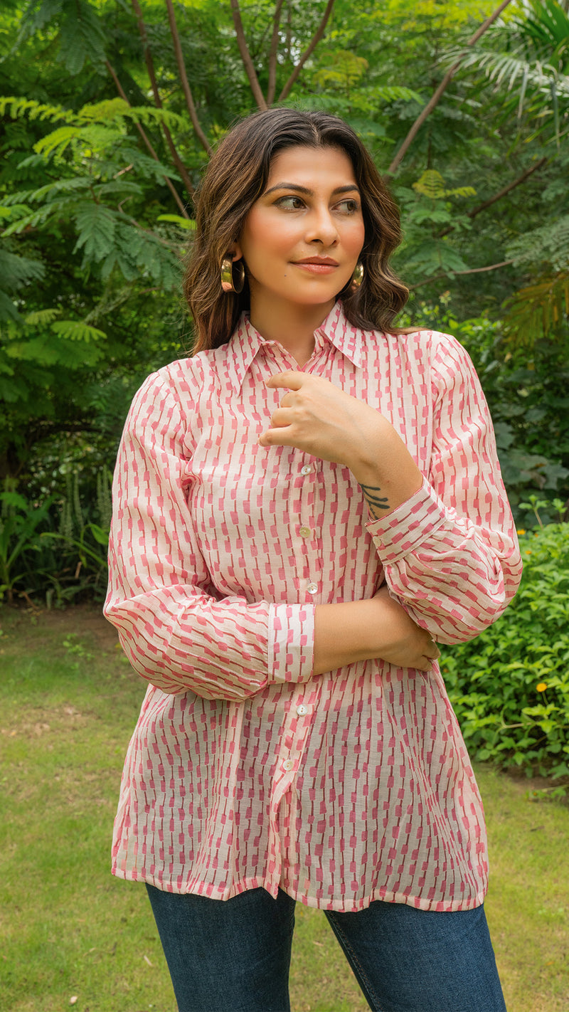 Nazmn Mul Chanderi Silk Shirt- Pink