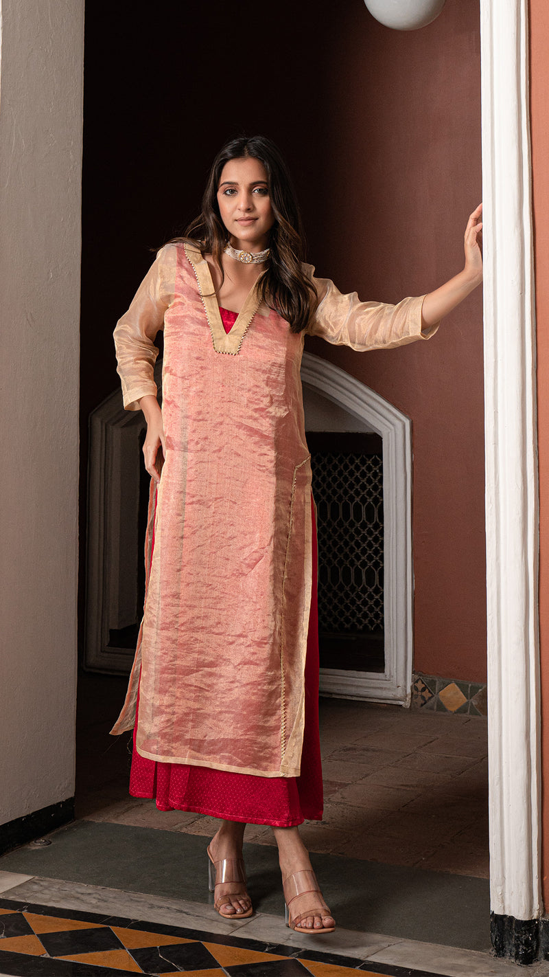 Gulal - Golden/Rani Pink Pure Tissue Layered Dress EeshvaIndia Gulal - Golden/Rani Pink Pure Tissue Layered Dress EeshvaIndia