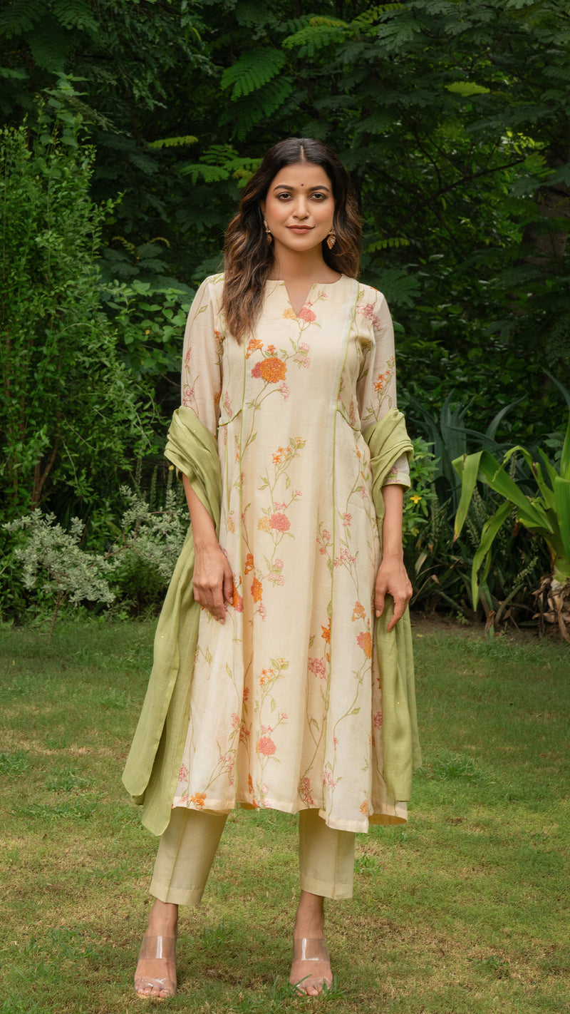 Kim Floral Jaal  Chanderi Kali Kurta Set - Beige