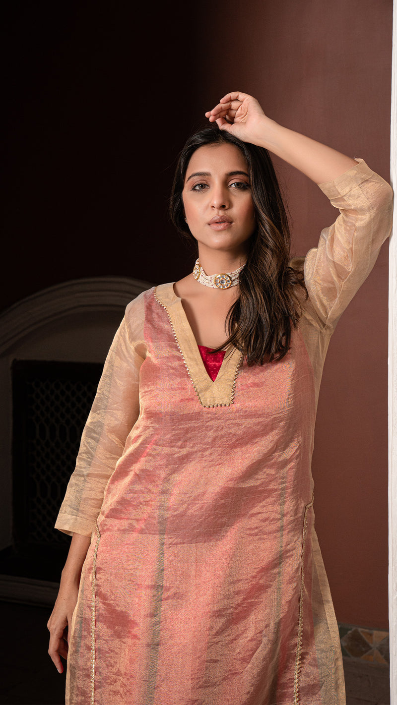 Gulal - Golden/Rani Pink Pure Tissue Layered Dress EeshvaIndia Gulal - Golden/Rani Pink Pure Tissue Layered Dress EeshvaIndia
