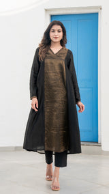 Wamiqa - Black Golden Tissue Chanderi Anarkali Kurta Set