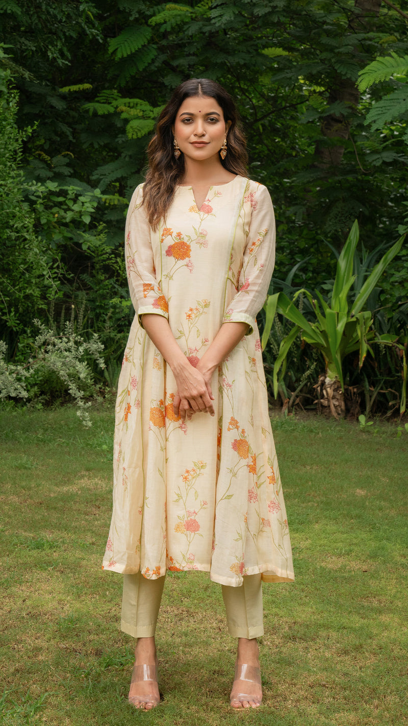 Kim Floral Jaal  Chanderi Kali Kurta Set - Beige