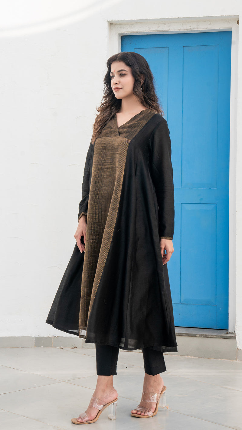 Wamiqa - Black Golden Tissue Chanderi Anarkali Kurta Set