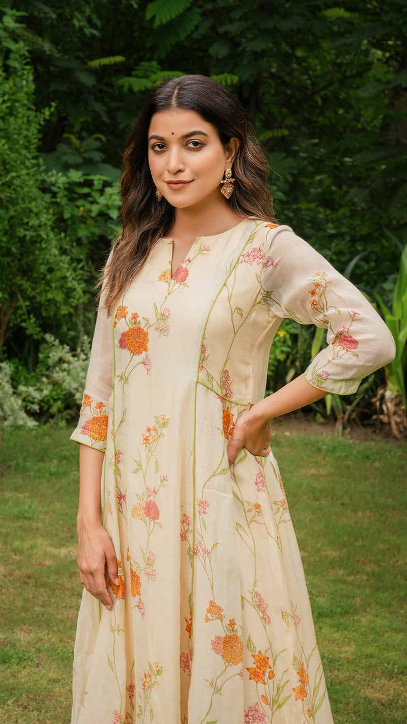 Kim Floral Jaal  Chanderi Kali Kurta Set - Beige