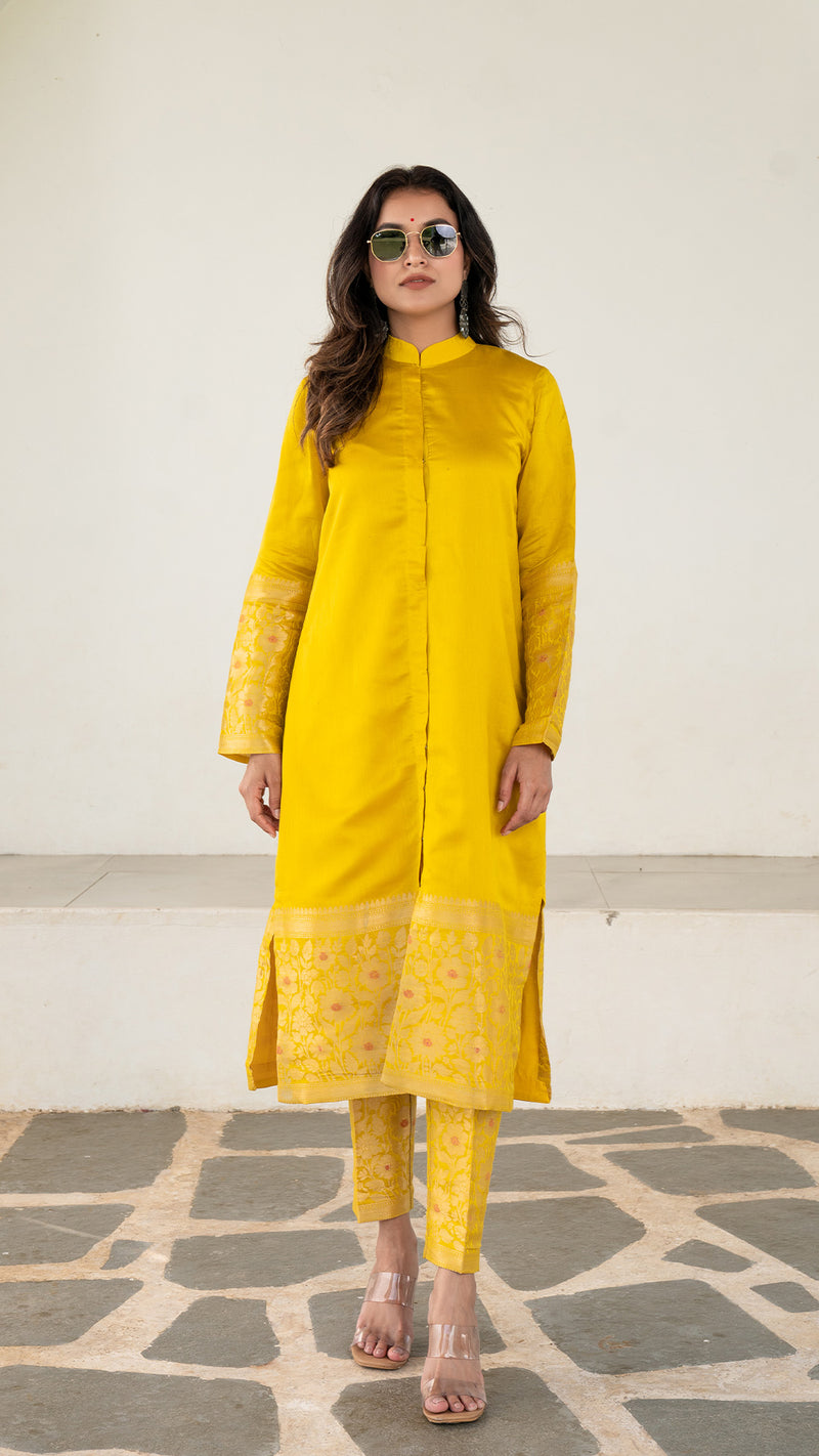 Liza - Yellow Pure Woven Chanderi Jodhpuri Kurta Set