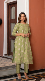 Kavya - Light Green Embroidered Chanderi Kurta Set