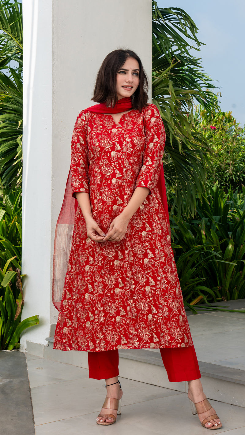 Peony Emboridered Chanderi Kurta Set - Red