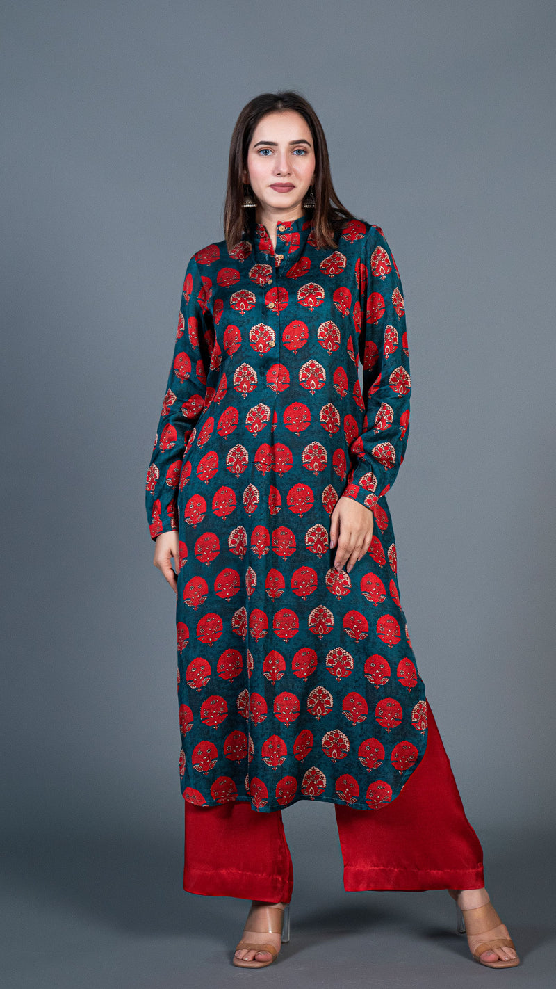 Teal Blue Red Butta Print Kurta In Modal Silk