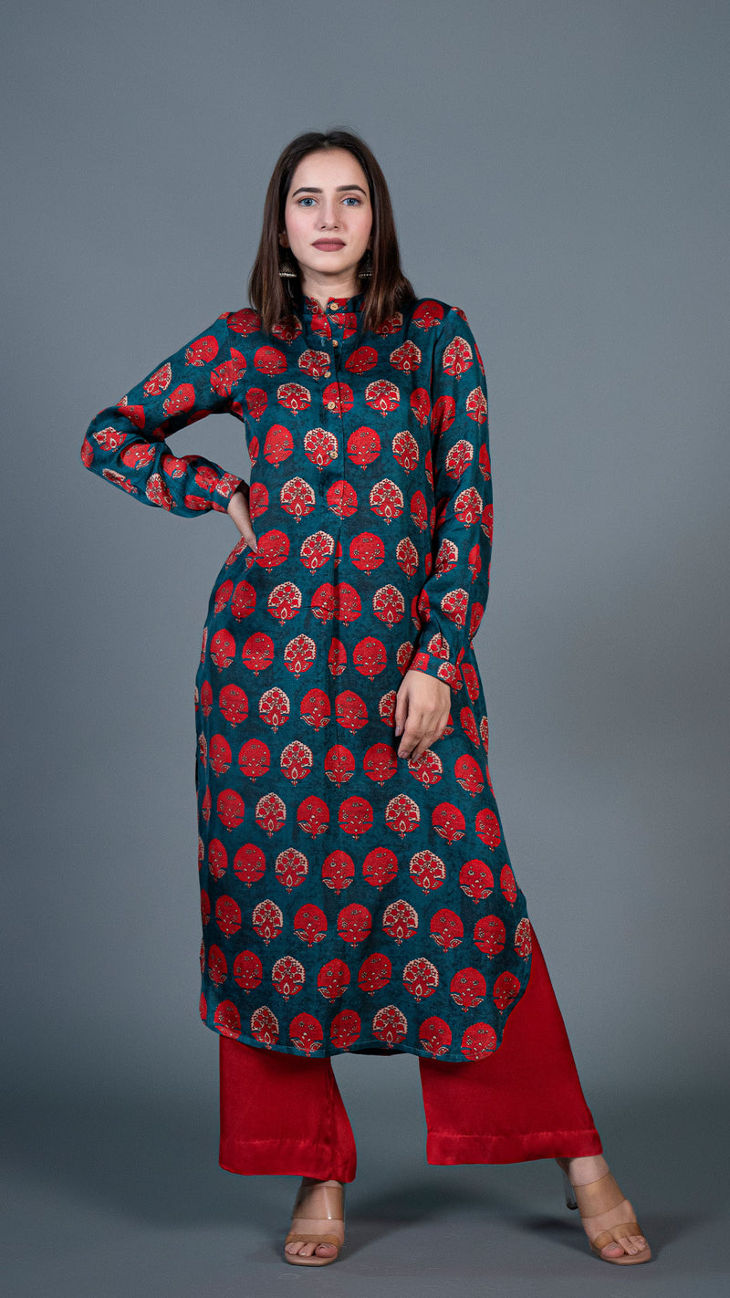 Teal Blue Red Butta Print Kurta In Modal Silk