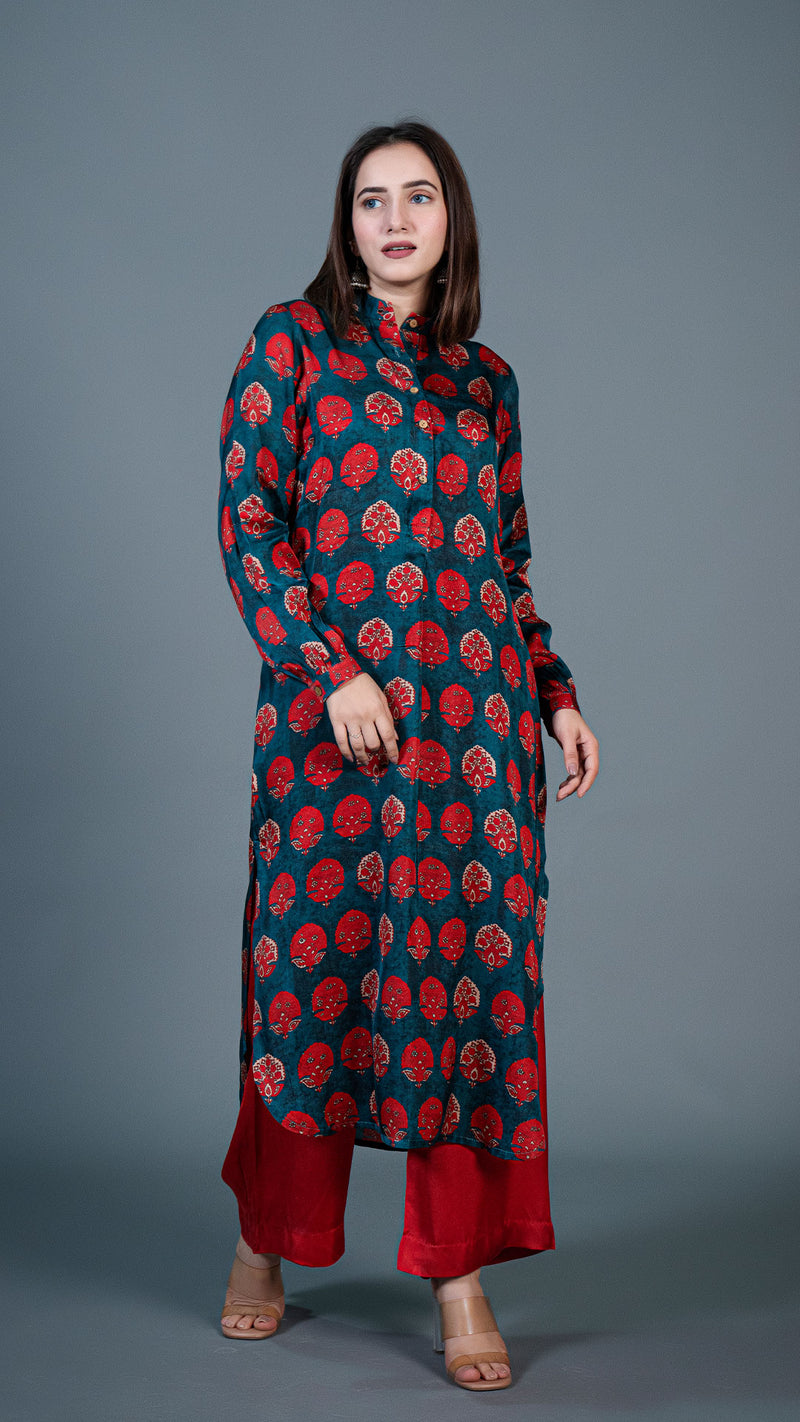 Teal Blue Red Butta Print Kurta In Modal Silk