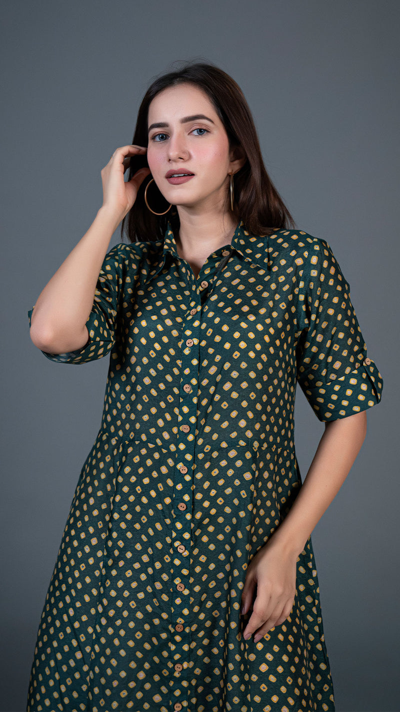 Dark Green Bandhani Print Cotton Silk Shirt Dress EeshvaIndia Dark Green Bandhani Print Cotton Silk Shirt Dress EeshvaIndia