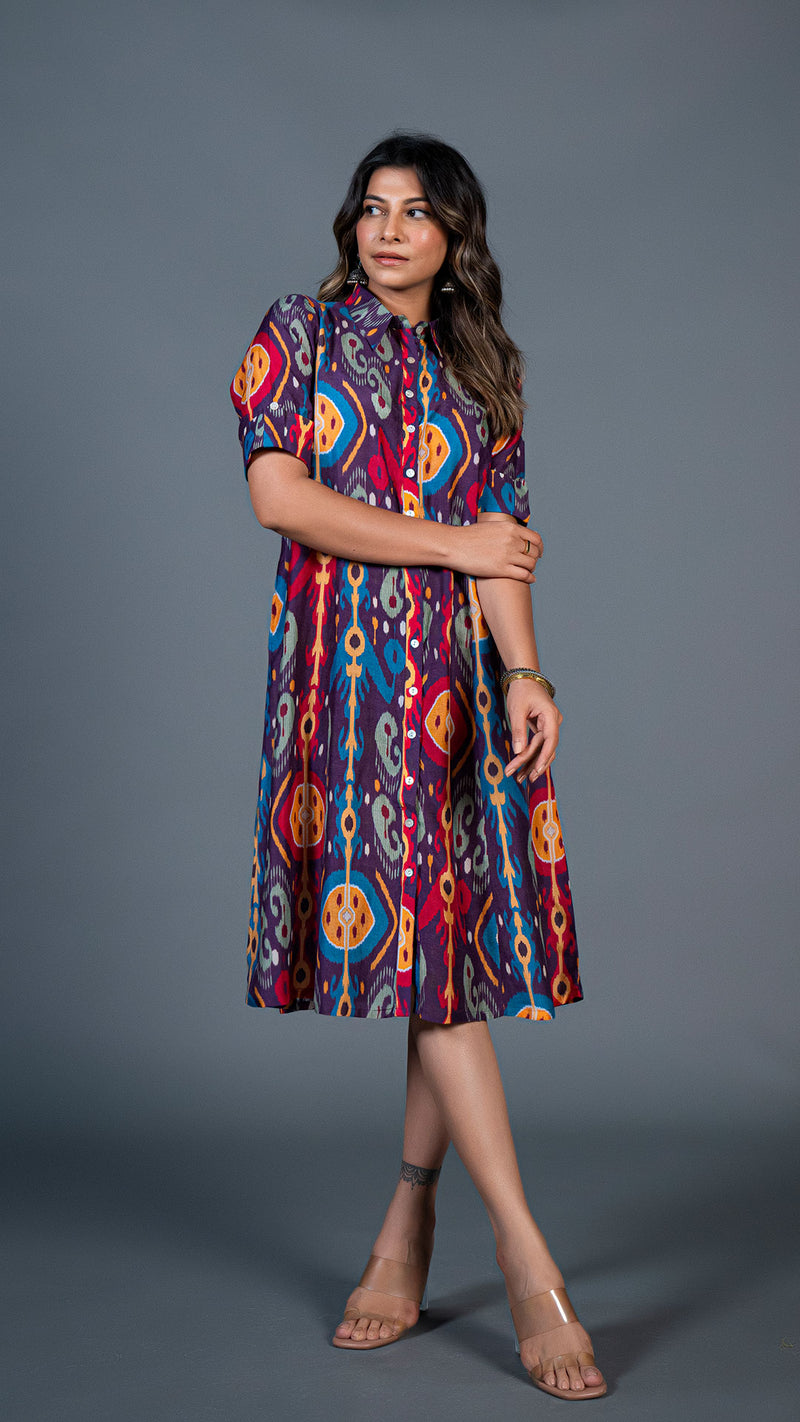 Purple Ikkat Print Cotton Silk Shirt Dress