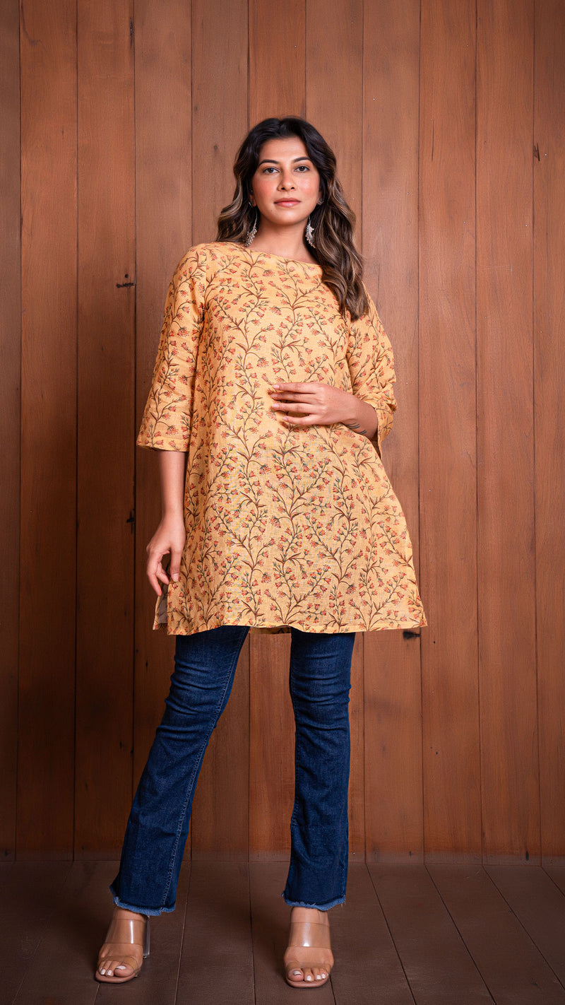 Mustard Floral Jaal Linen Short Top