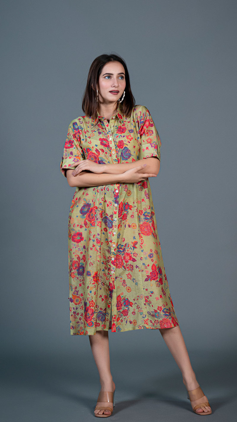 Green Floral Cotton Silk Shirt Dress