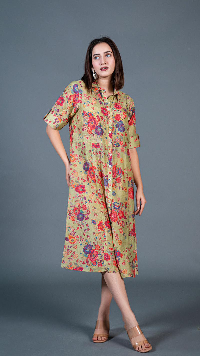 Green Floral Cotton Silk Shirt Dress