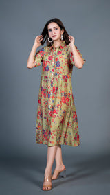 Green Floral Cotton Silk Shirt Dress