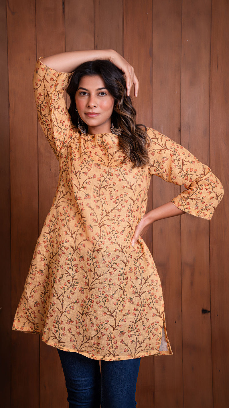 Mustard Floral Jaal Linen Short Top