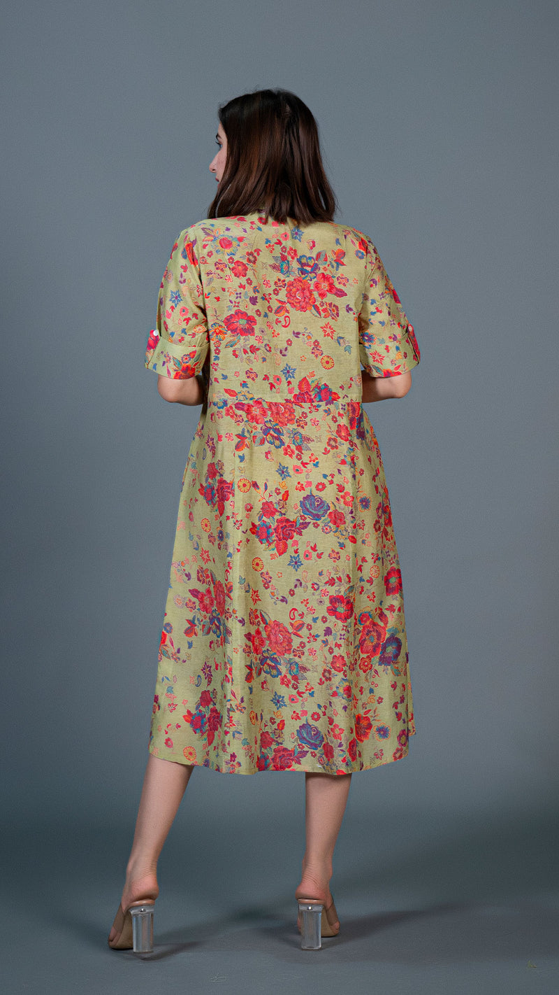 Green Floral Cotton Silk Shirt Dress